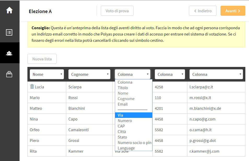 Le voci da inserire nella lista elettori online Voci della lista elettori online